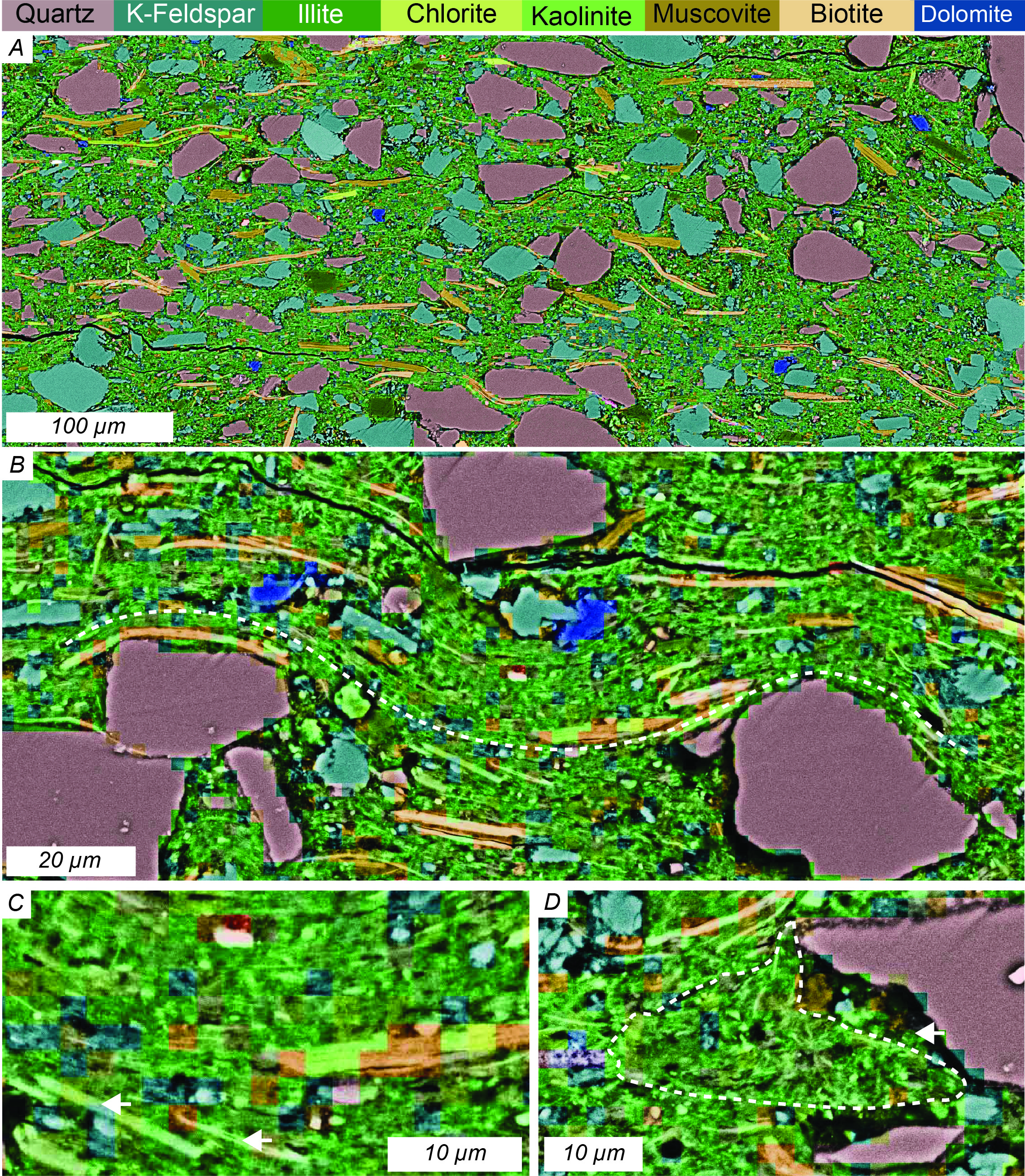 High resolution mineral maps of Cambrian-age shales, where grain textures can be used to infer the origin of particular clay mineral types.